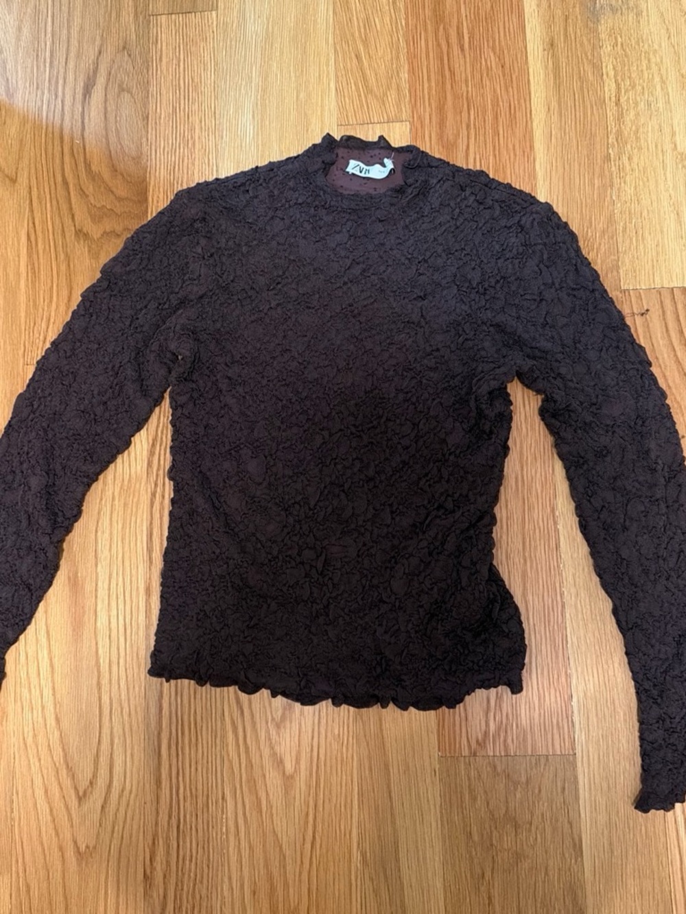 Zara Black Floral-Textured Long Sleeve Mock Neck Top